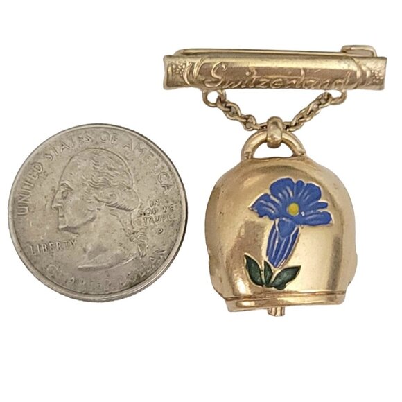 Switzerland Bar Pin With Bell Dangle, Blue Enamel Flower Pin Brooch - Picture 8 of 11